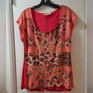 Cato Coral Red Leopard-Print Scoop Neck Tee with Gold Accents